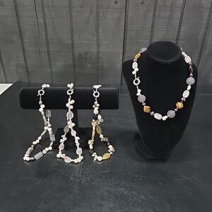 (4) Gemstone Agate Chunky Necklaces Set Statement Tigers Eye Pearls Rose Quartz